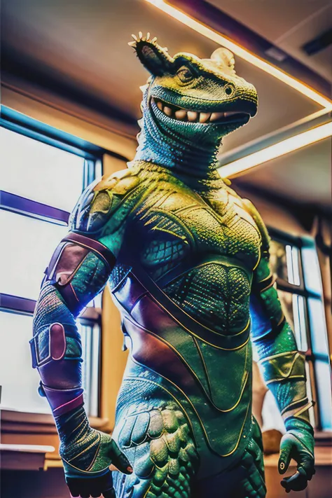 hybrid, (beautiful 40 year old alligator-man hybrid standing), half body indoor photography, fully clothed, wear elegant top, front view, perfect face, funny mood, close view, natural background, perfect lights, perfect colors, realistic photo, professional photography, detailed photorealistic