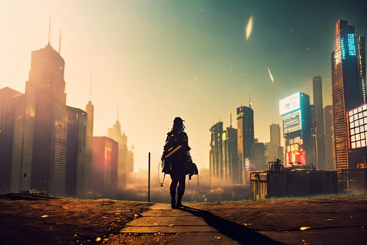 1girl, an 18 year old woman is lost and afraid, she is looking for a way home but can't seem to find the way home, gothic, surreal, emotional, matte painting, golden hour, 35mm, cinematic, 4k, highly detailed, photorealistic, volumetric lighting, dynamic, highly detailed, high budget, cinemascope, stained, epic, sharp focus, film grain, grainy, wide shot, (((cyberpunk:1, steampunk:1))), mist, bokeh