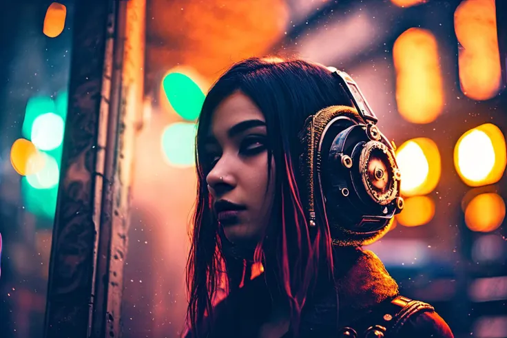 1girl, an 18 year old woman is lost and afraid, she is looking for a way home but can't seem to find the way home, gothic, surreal, emotional, matte painting, golden hour, 35mm, cinematic, 4k, highly detailed, photorealistic, volumetric lighting, dynamic, highly detailed, high budget, cinemascope, stained, epic, sharp focus, film grain, grainy, wide shot, (((cyberpunk:1, steampunk:1))), mist, bokeh