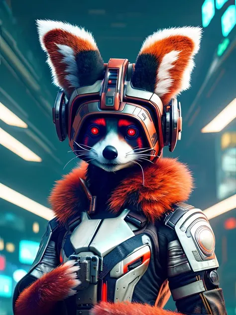 male red panda, cyberpunk, futuristic, sci-fi, octane render, 8k, sharp focus, hyperrealism, 4k uhd, masterpiece, cinematic lighting, hard shadows, beautiful, smooth, detailed eyes, dark, dramatic lighting