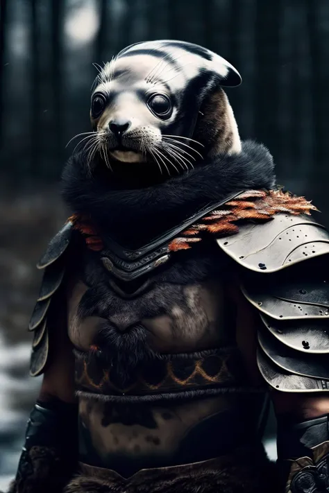 A photo portrait of a cute seal-man hybrid as a warrior, during nighttime in fall, in 8k resolution.
<lora:LowRA:0.6>