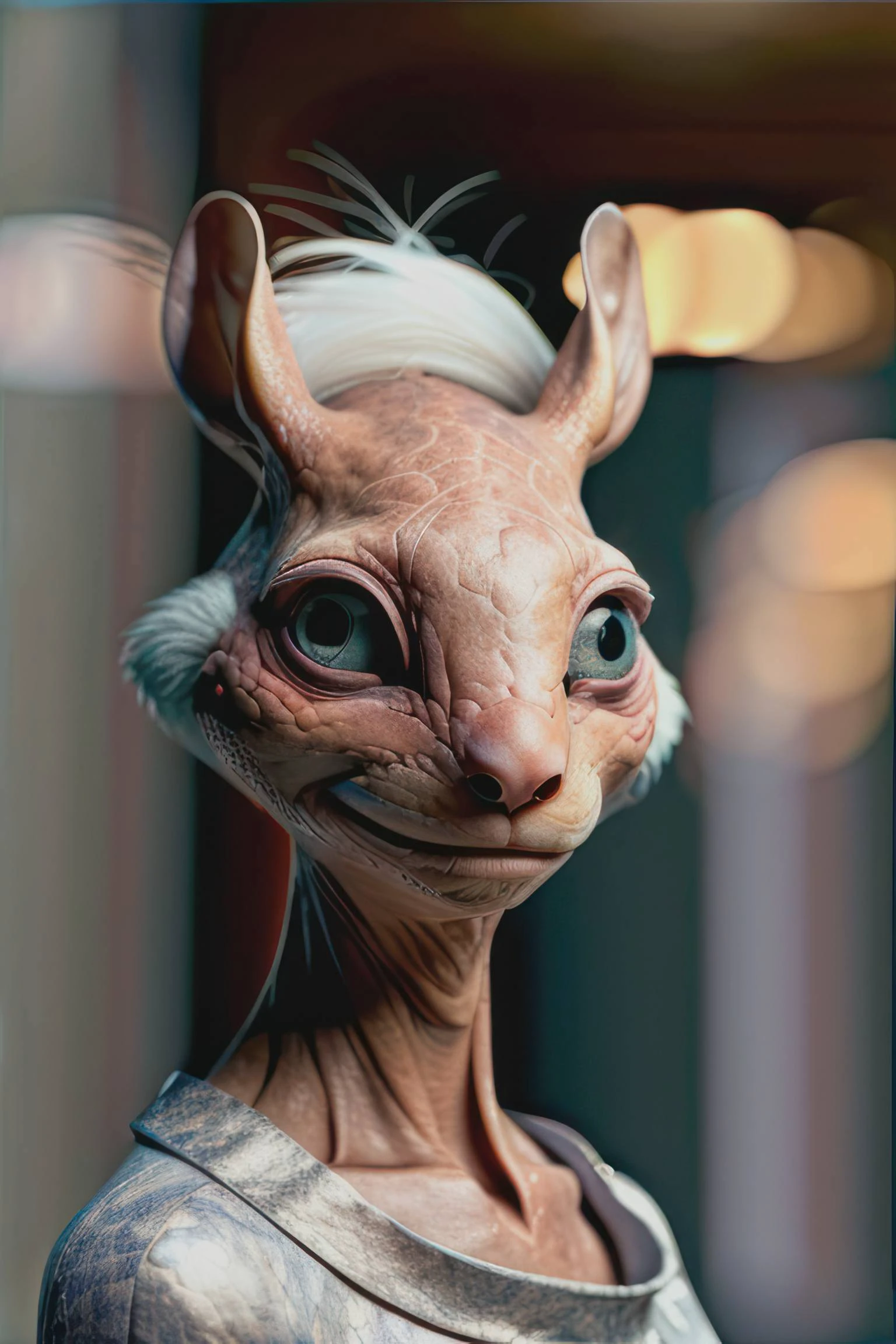 hybrid, (beautiful 55 year old mice-man hybrid posing), portrait indoor photography, fully clothed, wear elegant top, front view, perfect face, interested mood, close view, natural background, perfect lights, perfect colors, realistic photo, professional photography, detailed photorealistic, kkw-photoreal, <lora:creaturesPortraits_v1.0:0.6>, <lora:FunnyCreatures:0.3>