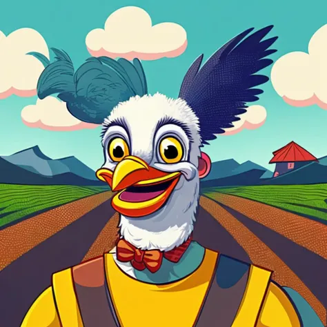(image of one crazy smiling chicken:1.3), (smiling:0.6), asylum, vector art, (chicken has a crazy human like funny facial expression:1.4), simple farm and field in the background, (funny cartoon:1.4), zoom in on face, <lora:add_detail:-0.5>, low details
