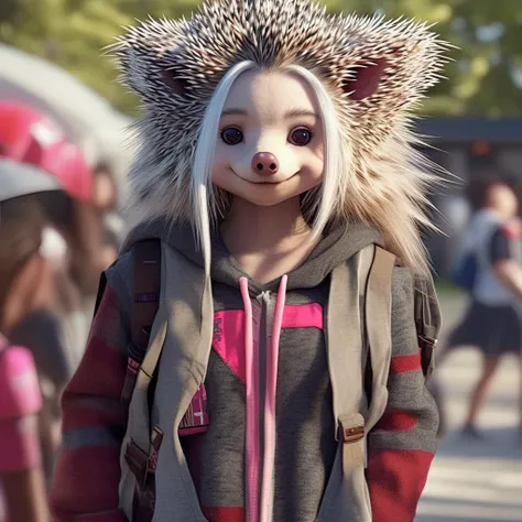 a photo of a cute hedgehog-girl hybrid as a student-girl, 8k