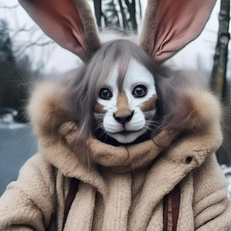 a photo of a bunny-woman hybrid, woman with fur-skin