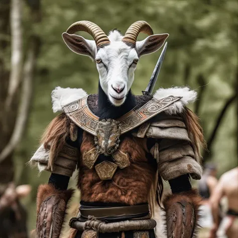 a photo of a goat-man hybrid as a warrior, 8k