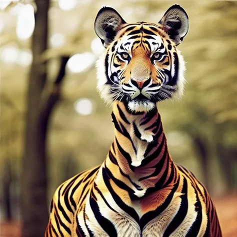 portrait animalhumanhybrids a photo of a (tiger:1.3) (giraffe) hybrid girl, graduation photo,( long neck:1.4)