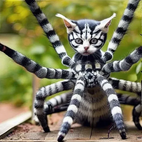 animalhumanhybrids a photo of a (spider) (cat) hybrid , eight legs, in a garden