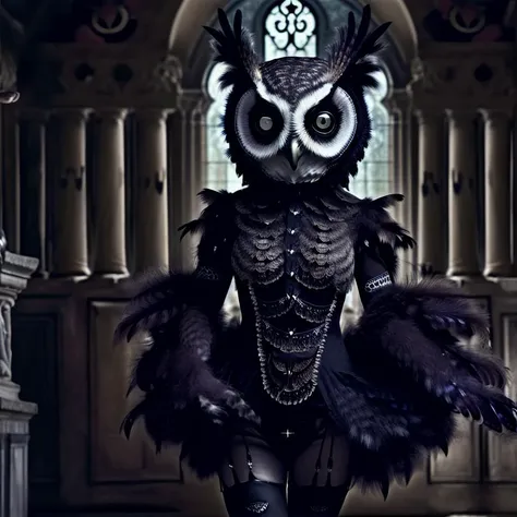animalhumanhybrids a photo of a (owl:1.3)-(sexy:1.3) loolita girl hybrid, furry, wearing a (gothic clothes :1.3) in a city,<<lora:theovercomer8sContrastFix_sd15:1>, furr, furry, fur, fur