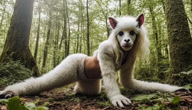 a photo of a cute sexy seductive sheep-woman hybrid crawling throgh the forest, woman with fur-skin TiffaniAmberThiessen