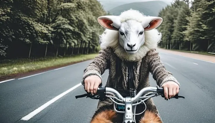 a close-up photo of a cute sexy sheep-woman hybrid riding a bike, woman with fur-skin, wide shot, sense of awe and scale <lyco:locon_billie_v1_from_v1_64_32:1>