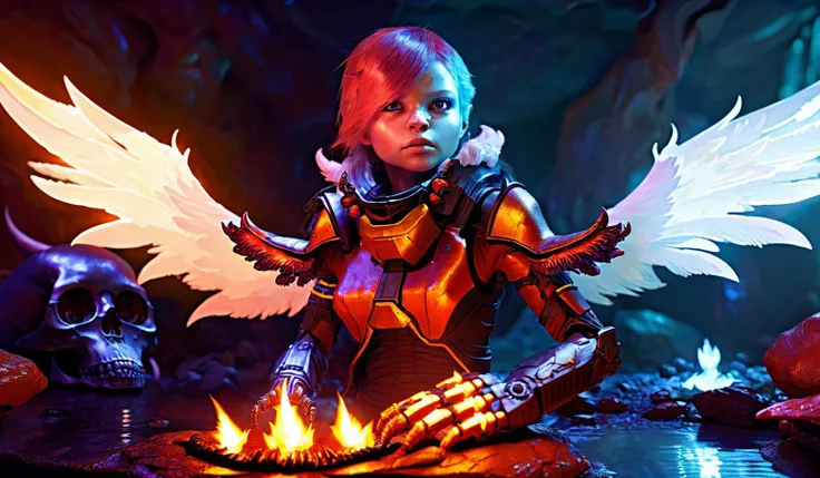 bright flame pheonix in a dark cave,oil paint,detailed,high quality ilya kuvshinov,greg rutkowski,skulls,skeletons,rain,dramatic lighting,volumetric lighting,long exposure,easynegative, masterpiece