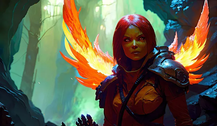 bright flame pheonix in a dark cave, oil paint, detailed, high quality ilya kuvshinov, greg rutkowski, skulls, skeletons, rain, dramatic lighting, volumetric lighting, long exposure