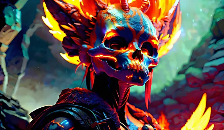 bright flame pheonix in a dark cave,oil paint,detailed,high quality ilya kuvshinov,greg rutkowski,skulls,skeletons,rain,dramatic lighting,volumetric lighting,long exposure,easynegative, masterpiece
