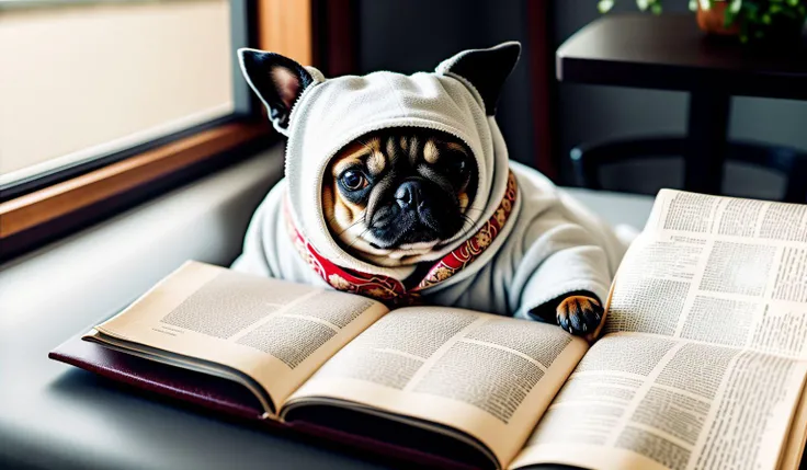 anthropomorphic pug dog, in a robe, eating breakfast and reading the newspaper, lightroom, cinematic, hdr, raw, intricate, high quality, soothing tones, intricate details, low contrast
