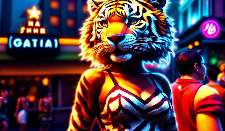 anthropomorphic tiger, short summer dress, dancing, night club on background,cinematic,hdr, masterpiece, raw,intricate, dramatic light, high quality,intricate details,low contrast, <lora:add_detail:1>, trending on ArtStation
