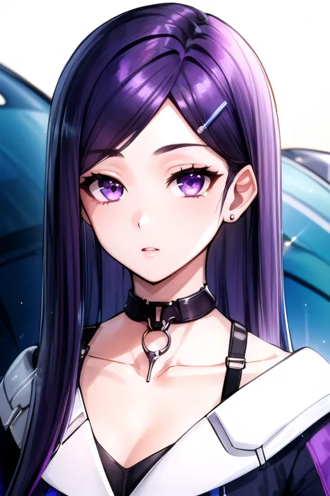 (((masterpiece, best quality, ultra-detailed, ray tracing))), deph of field, (perfect face, detailed face),shiny eyes, fair skin,((high quality face, soft skin )), , <lora:ange:1>,ange, purple hair, purple eyes, long hair, hair ornament, hairclip, (covered collarbone:1.2),jewelry, <lora:hairdetailer:0.2>, <lora:add_detail:0.3>