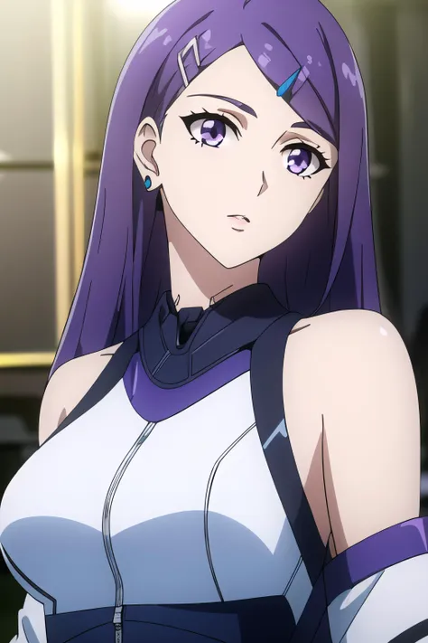 (((masterpiece, best quality, ultra-detailed, ray tracing))), deph of field, (perfect face, detailed face),shiny eyes, fair skin,((high quality face, soft skin )),  <lora:ange:1>,ange, purple hair, purple eyes, long hair, hair ornament, hairclip, , cowboy shot, bare shoulders, jewelry,