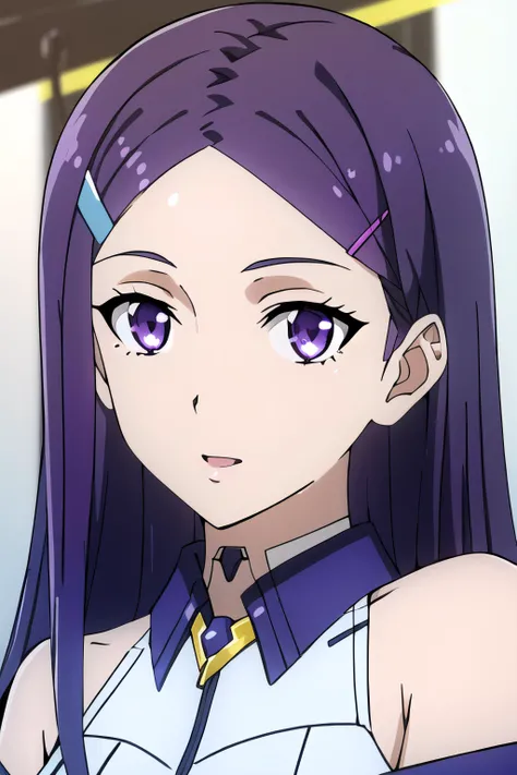 (((masterpiece, best quality, ultra-detailed, ray tracing))), deph of field, (perfect face, detailed face),shiny eyes, fair skin,((high quality face, soft skin )), <lora:ange:1>,ange, purple hair, purple eyes, long hair, hair ornament, hairclip, , cowboy shot, off shoulder, collared, jewelry,