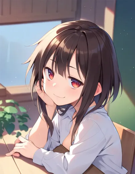 score_9, score_8_up, score_7_up, score_6_up, score_5_up, score_4_up,  (megumin:0.7), leaning on table, half-closed eyes, smug, from side, dress shirt, head on hand, 
 <lora:midori_no_rupe_style_pony6_v1-000036:1.2>