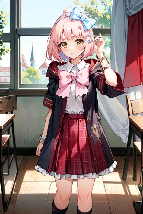 (masterpiece, best quality:1.5),<lyco:Chieru-v7-000015:1>,chieru,chieruschool,pink hair,1girl,standing,looking at viewer,classroom,school uniform, st. theresa's girls academy school uniform,red skirt,