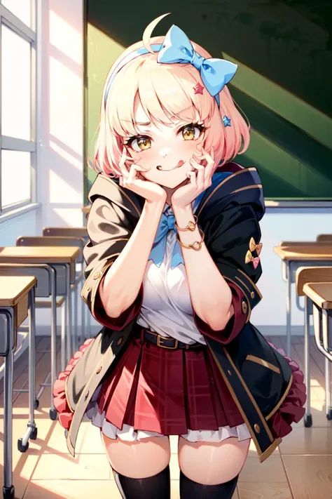 (masterpiece, best quality:1.5), <lyco:chieru-v4-000009:1.0>, chieru, chieruschool, pink hair, bangs, short hair, yellow eyes, star in eye, symbol in eye, breasts, large breasts, ahoge, blush, (classroom, indoors:1.2), looking at viewer, 1girl, (smirk, naughty face:1.3), bow, school uniform, st. theresa's girls academy school uniform, star \(symbol\), hair ornament, black coat, star hair ornament, coat, blue bow, hairband,  hooded coat, ppink bow, hair bow, skirt, thighhighs, shirt, red skirt, plaid skirt, belt, (:q, tongue, tongue out, hands on own cheeks:1.5), cowboy shot,