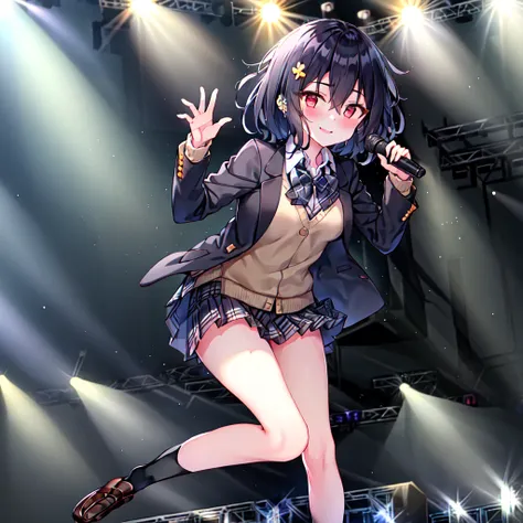 mizuno ai,1girl, 1girl, solo,fullbody,standing, skirt, jacket, loafers, socks, smile, bow, shoes, brown footwear, plaid, blazer, school uniform, white shirt, black socks, shirt, open jacket, red eyes, blush, plaid bow, plaid skirt, pleated skirt, black jacket, hair between eyes, looking at viewer, black hair, long sleeves,hair ornament, bangs, open clothes, bowtie, hair flower, closed mouth, (Stage, concert,live,idol):1.2, collared shirt, short hair, sweater, plaid bowtie, knees up, flower, miniskirt, black skirt, blue skirt, hand up, brown sweater