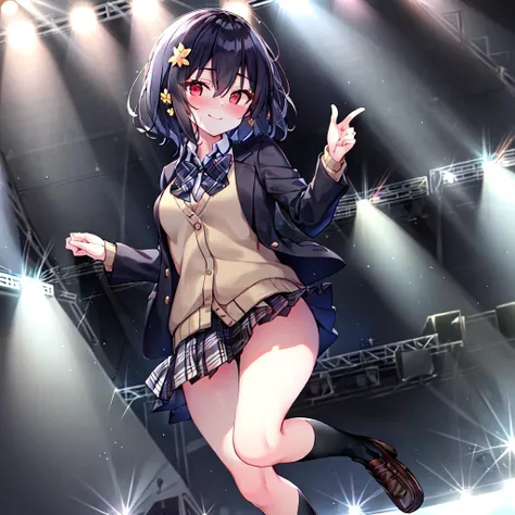mizuno ai,1girl, 1girl, solo,fullbody,standing, skirt, jacket, loafers, socks, smile, bow, shoes, brown footwear, plaid, blazer, school uniform, white shirt, black socks, shirt, open jacket, red eyes, blush, plaid bow, plaid skirt, pleated skirt, black jacket, hair between eyes, looking at viewer, black hair, long sleeves,hair ornament, bangs, open clothes, bowtie, hair flower, closed mouth, (Stage, concert,live,idol):1.2, collared shirt, short hair, sweater, plaid bowtie, knees up, flower, miniskirt, black skirt, blue skirt, hand up, brown sweater
