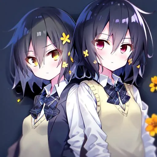 mizuno ai,red eyes, jacket, bow, school uniform, hair ornament, plaid bow, short hair, black hair,Small yellow flowers in the hair,, shirt,sweater_vest,yellow_vest upper body, plaid, blazer, hair flower, bowtie, hair between eyes, white shirt, flower, long sleeves,cardigan, bangs,