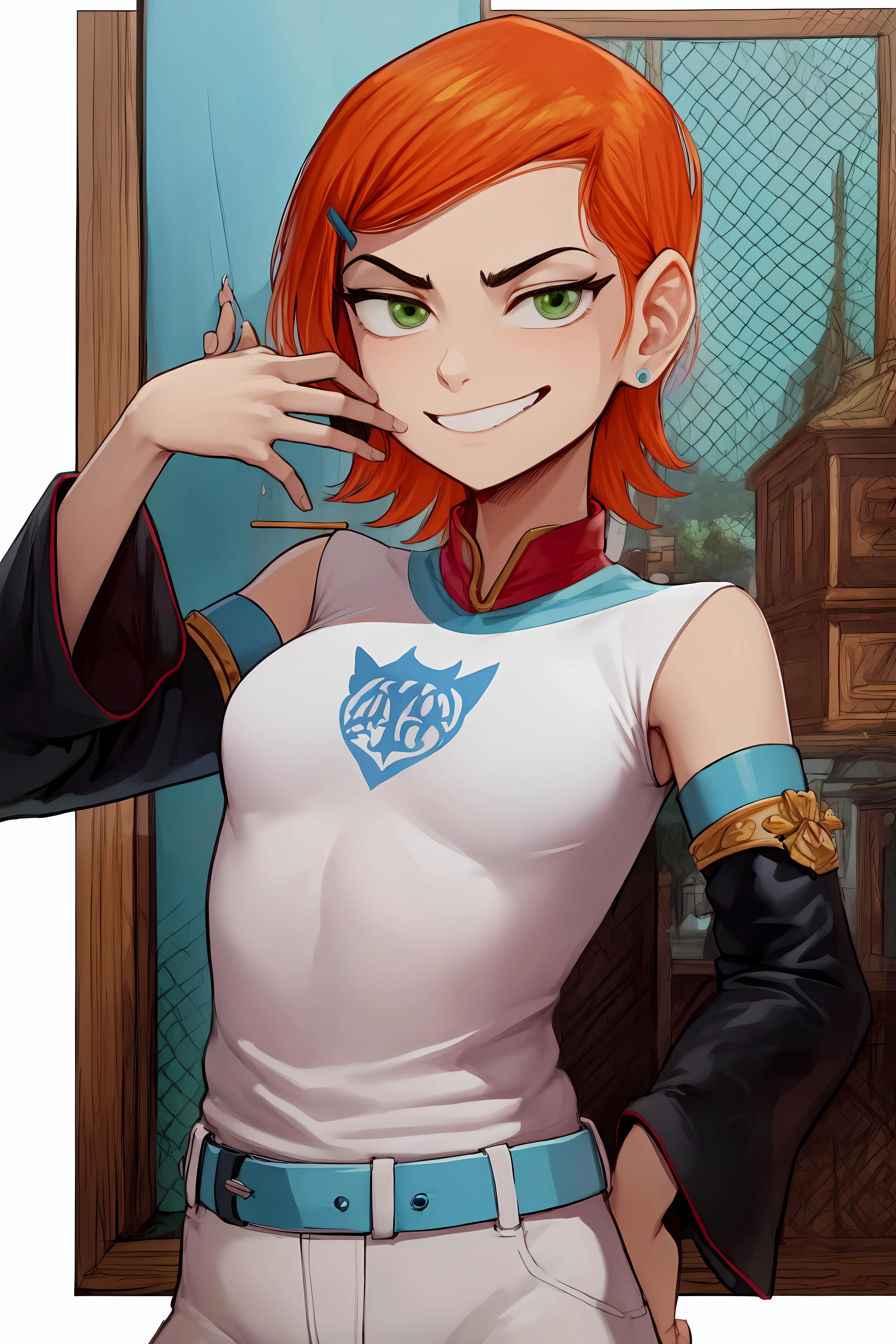 <lora:n-10 (2):0.8> gwendolyn_tennyson, long sleeves, white pants, gwendolyn_tennyson, (1girl:1.3), (solo:1.3), green eyes, gwendolyn_tennyson, (Blue ralgan with sleeves reaching elbows:1.2), (blue ralgan with sleeves that go to the elbows and it has a big logo of a cat on it in the form of a picture:1.1), (park), smirk, nice hands, perfect hands,
sfw,(masterpiece,best quality:1.2), (upper body, portrait:1.2),
<lora:ShexyoStyle:0.7> <lora:BG2_dpep4+silicon29dim64:0.8> <lora:Background_Detail_v3:0.8>, <lora:GoodHands-vanilla:1>, <lora:hotarutoneup_v100:0.8>