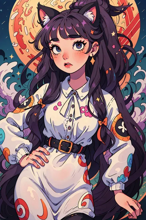 <lora:Mix patterns:0.75>, (best-quality:0.8), perfect anime illustration, 1girl, mix pattern, harajuku fashion, illustration, mystical, masterpiece, best quality, cowboy shot, black and purple hair, blunt bangs, long hair, cat pattern, witchy aesthetic, moon and stars, night sky background, cat ears, cat tail, (black dress), blushing, thicc, witchy pattern, magical pattern