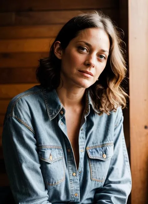RAW portrait photo of beautiful young sks woman, Flannel shirt and jeans, natural lighting, by Dorothea Lange, detailed face, UHD, absurdres, epic scene composition, 
cinematic look, Fujifilm XT3, dslr, high quality, film grain 
<lora:locon_marioncotillard_v1_from_v1_64_32:1>