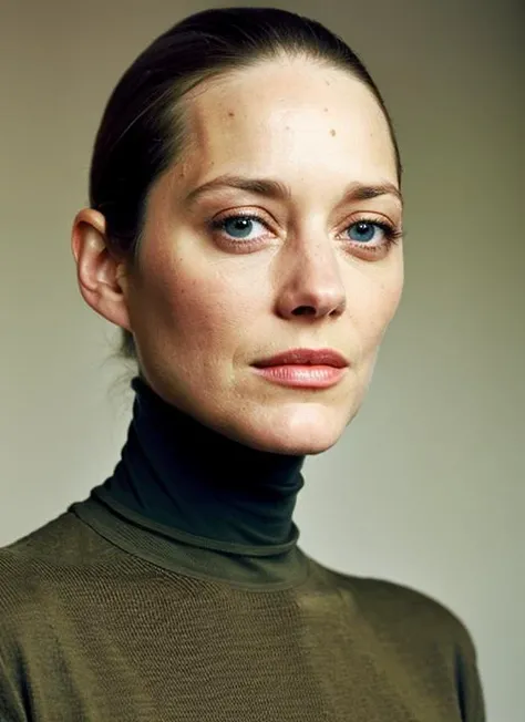 A stunning intricate color close up portrait of (sks woman:1) , wearing Turtleneck bodysuit and high-waisted trousers, epic character composition, sharp focus, natural lighting, subsurface scattering, f2, 35mm, film grain, , by Tim Walker, <lora:locon_marioncotillard_v1_from_v1_64_32:1>