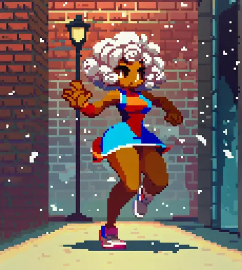 score_9_up, score_8_up, dynamic pose, full body, 1girl, (dark skin), white hair, (very curly hair), short hair, brown eyes, wide hips, medium breasts, tennis dress
, outdoors, alley, brick wall, lamp, noon, snowing, <lora:Pony6.sakuemonq.10:1>