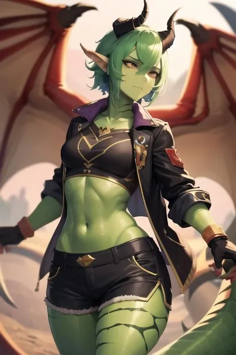masterpiece, best quality, highres, soft lighting, best quality, hyper detailed
medium s, mature, mature_femalrl,
dracthyr, <lora:dracthyr:0.8>
wings, horns, solo, dragon girl, green skin, colored skin, monster girl, scales, dragon horns, dragon wings, outdoors, shorts, closed jacket, crop top,