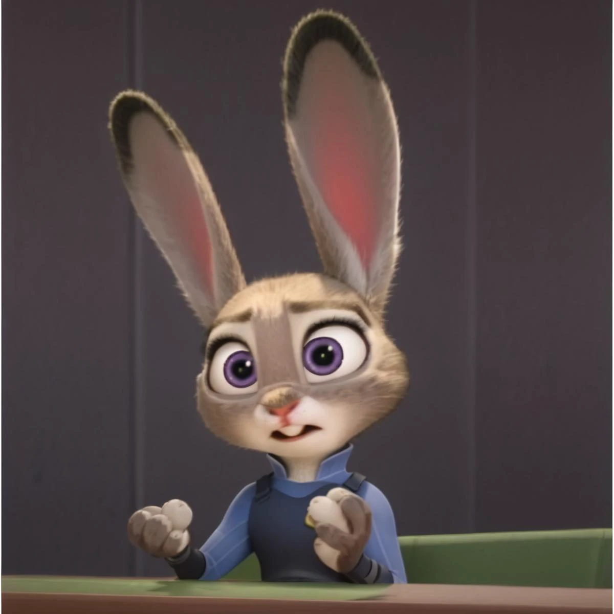 <lora:JudyHoppsPony:1>, judyhopps, purple eyes, rabbit, rabbit ears