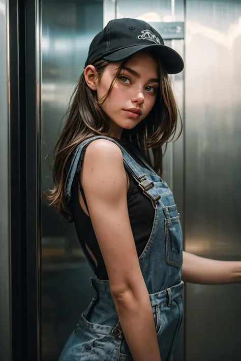 photo of EmiliaT, a stunning woman,in a (elevator:1.1),wearing a (long overalls:1.1), dirty cap,(4k, RAW photo, best quality, 35mm, depth of field, ultra high res:1.1),(intricate, photorealistic, cinematic-shot, masterpiece, ultra-detailed:1.1),