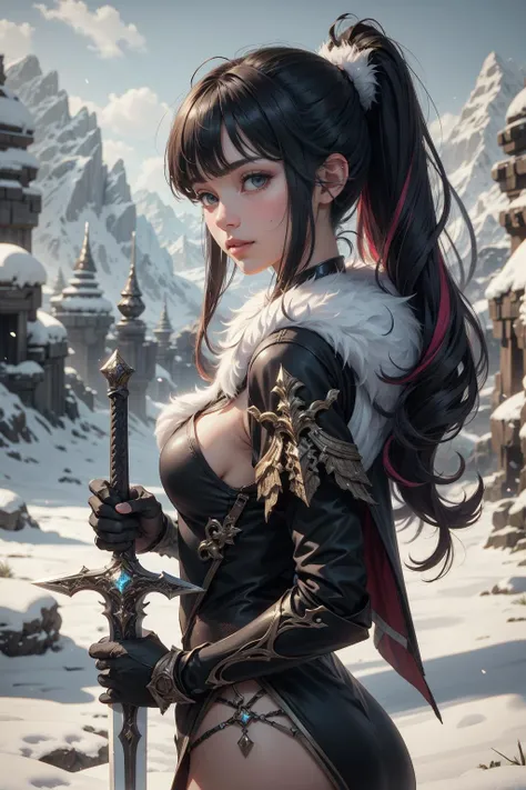 holding sword, holding weapon,<lora:Fantasy_warriors_-_by_HailoKnight:0.8>, 1girl, black hair, multicolored twintails, blunt bangs, small breasts, delicate beautiful face, detailed lips, seductive smirk, alluring eyes, thick eyelashes, adventurer outfit, fantasy epic battle fashion, fur trimmed coat, beautiful mountain landscape, snow, dynamic pose, big rocks,earth,grass,debris