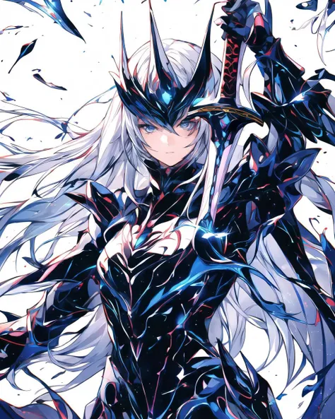 1girl, solo, digital art, ultra detailed, <lora:more_details:0.7>,<lora:hailoknight12:1.5>, hailoknight, full armor,holding sword, holding weapon,