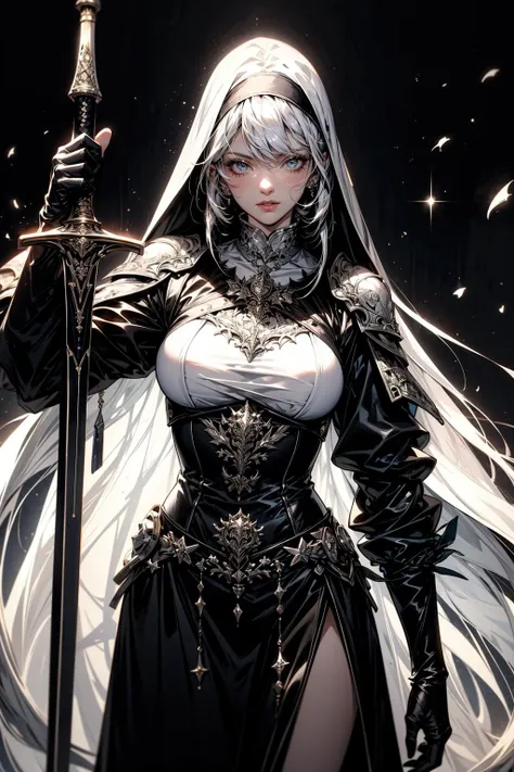 (masterpiece:1.1), (best quality:1.1), (monochrome:1.2), (black and white:1.3), BREAK,
(futuristic:1.1), (science fiction:1.0), (radiant rays:1.0), BREAK,
(solo:1.1), (nun:1.1), (silver armor:1.1), (hailoknight:1.1), (holding sword:1.1), (corset:1.0), (large breasts:1.0), (torn clothes:1.0), (ornaments:1.0), <lora:hailoknightV2E12:0.5>, BREAK.
(cathedral:1.0), (gothic architecture:1.0),