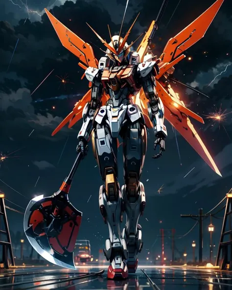 from below, (full body:1.4),
photo of a robot, (solo focus:1.2), (wizard:1.2), bright_gold,
(front view:1.2), (look at viewer), curvy,
(walking:1.4), floating huge robot_wings, (huge axe:1.2),
(seductive-pose:1.4),
(strong wind:1.4), (scattered storm,particles:1.4),
post apocalyptic city background ,
rim lighting, dimly lit, low key,
(subdivision, angular design, carbon-fiber, pistons, robotic frame, metal joints, rubber cables, metal bolts, industrial, structures),
<lora:add_detail:0.65>
<lora:hailoknightV2E12:0.15> hailoknight,,<lora:nijiMecha:0.2>,<lora:Gundam_Mecha_v3:0.45> BJ_Gundam