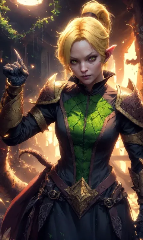 , <lora:hailoknight12:0.8>, hailoknight, (Tiefling Warlock:1.2),cave,Aluminum Mustard yellow armor,Dirty blonde high ponytail,fighting posture,photoshoot style,intricate,studio lighting, masterpiece, the greatest details, 8k, UHD, HDR, poison ivy and moss