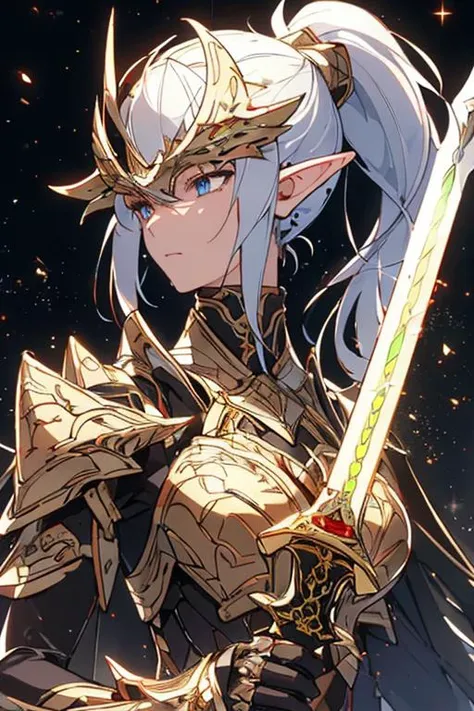 (best quality:1.2) (4k:1.) (very high resolution:1.1) , (realistic photograph:1.1) , (ultra detailed CG:1.1) ,
1girl elf , solo , (detailed face:1) , (small breasts:1) , (silver ponytail:1) ,
<lora:hailoknight12:1> (hailoknight:1) , (holding sword:1) , armored metal mask , glowing luxurious sword , movement , spark , light particles , determined , sweat , perspective , from side , looking away , upper body , lay tracing , stone architecture , <lora:epiNoiseoffset_v2-pynoise:1> (rim lighting:1)