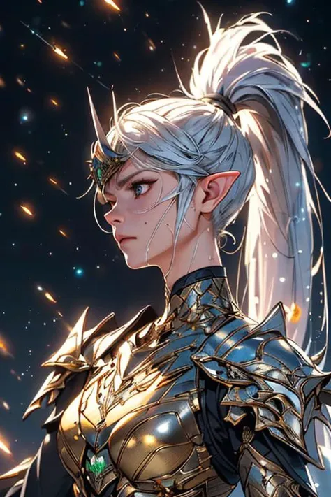 (best quality:1.2) (4k:1.) (very high resolution:1.1) , (realistic photograph:1.1) , (ultra detailed CG:1.1) ,
1girl elf , solo , (detailed face:1) , (small breasts:1) , (silver ponytail:1) ,
<lora:hailoknight12:1> (hailoknight:1) , (holding sword:1) , armored metal mask , glowing luxurious sword , movement , spark , light particles , determined , sweat , perspective , from side , looking away , upper body , lay tracing , stone architecture , <lora:epiNoiseoffset_v2-pynoise:1> (rim lighting:1)