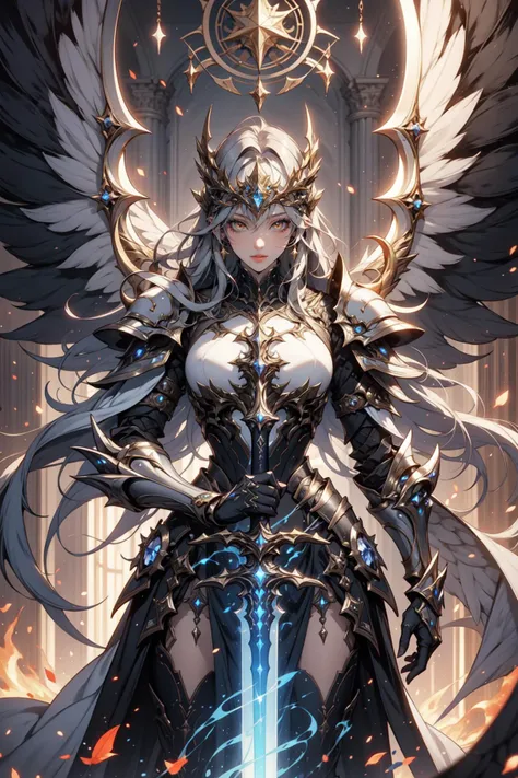 ethereal fantasy concept art, girl in black and gold armor, glod tiara, gold armor, holding gold sword, low wings, head wings, multiple wings, winged helmet, glowing sword, glowing runes, smug, glowing eyes, yellow eyes, constricted pupils, glowing yellow eyes, tsurime, parted lips, magic circle, glory, glory light, glory light \(weapon\), lighting, swirling flames, glow swirling light, gem, blue gemstone, with a dynamic and magical background, looking down, masterpiece, best quality, magnificent, celestial, ethereal, painterly, epic, majestic, magical, fantasy art, cover art, dreamy, Multi-Layered Textures, HDR, High Dynamic Range, Maximum Clarity And Sharpness, Multi-Layered Textures, <lora:Fantasy_warriors_-_by_HailoKnight:0.8>