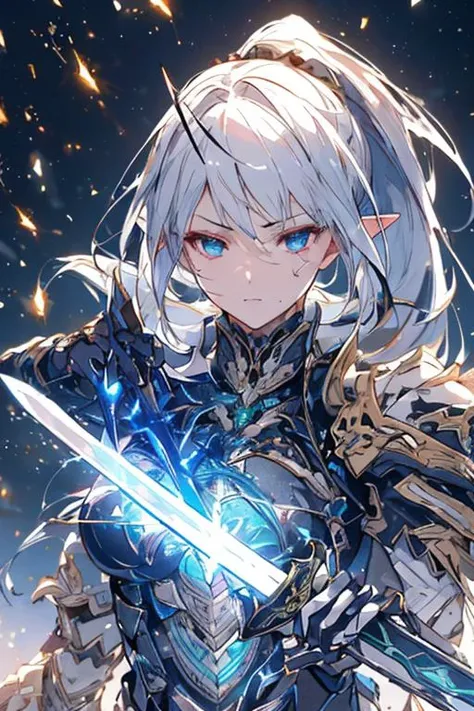 (best quality:1.2) (4k:1.) (very high resolution:1.1) , (realistic photograph:1.1) , (ultra detailed CG:1.1) ,
1girl elf , solo , (detailed face:1) , (small breasts:1) , (silver ponytail:1) ,
<lora:hailoknight12:1> (hailoknight:1) , (holding sword:1) , armored metal mask , glowing luxurious sword , movement , spark , light particles , determined , sweat , perspective , from side , looking away , upper body , lay tracing , stone architecture , <lora:epiNoiseoffset_v2-pynoise:1> (rim lighting:1)
