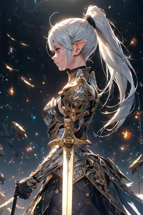 (best quality:1.2) (4k:1.) (very high resolution:1.1) , (realistic photograph:1.1) , (ultra detailed CG:1.1) ,
1girl elf , solo , (detailed face:1) , (small breasts:1) , (silver ponytail:1) ,
<lora:hailoknight12:1> (hailoknight:1) , (holding sword:1) , armored metal mask , glowing luxurious sword , movement , spark , light particles , determined , sweat , perspective , from side , looking away , upper body , lay tracing , stone architecture , <lora:epiNoiseoffset_v2-pynoise:1> (rim lighting:1)