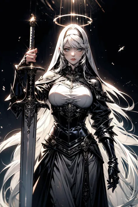 (masterpiece:1.1), (best quality:1.1), (monochrome:1.2), (black and white:1.2), BREAK, (futuristic:1.1), (science fiction:1.0), (god rays:1.0), BREAK, (solo:1.1), (nun:1.1), (silver armor:1.1), (hailoknight:1.1), (holding sword:1.2), (corset:1.0), (large breasts:1.0), (torn clothes:1.0), (ornaments:1.0), (halo:1.0), <lora:hailoknightV2E12:0.5>