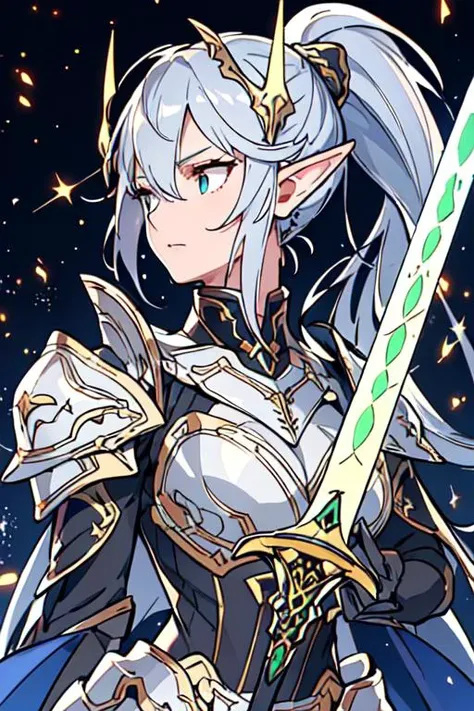 (best quality:1.2) (4k:1.) (very high resolution:1.1) , (realistic photograph:1.1) , (ultra detailed CG:1.1) ,
1girl elf , solo , (detailed face:1) , (small breasts:1) , (silver ponytail:1) ,
<lora:hailoknight12:1> (hailoknight:1) , (holding sword:1) , armored metal mask , glowing luxurious sword , movement , spark , light particles , determined , sweat , perspective , from side , looking away , upper body , lay tracing , stone architecture , <lora:epiNoiseoffset_v2-pynoise:1> (rim lighting:1)