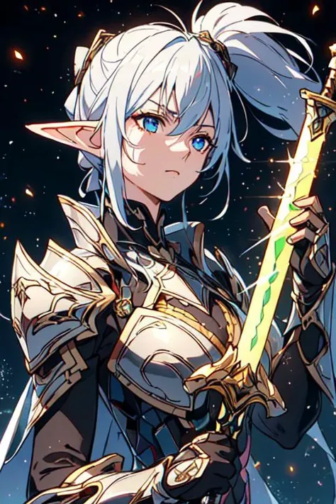 (best quality:1.2) (4k:1.) (very high resolution:1.1) , (realistic photograph:1.1) , (ultra detailed CG:1.1) ,
1girl elf , solo , (detailed face:1) , (small breasts:1) , (silver ponytail:1) ,
<lora:hailoknight12:1> (hailoknight:1) , (holding sword:1) , armored metal mask , glowing luxurious sword , movement , spark , light particles , determined , sweat , perspective , from side , looking away , upper body , lay tracing , stone architecture , <lora:epiNoiseoffset_v2-pynoise:1> (rim lighting:1)